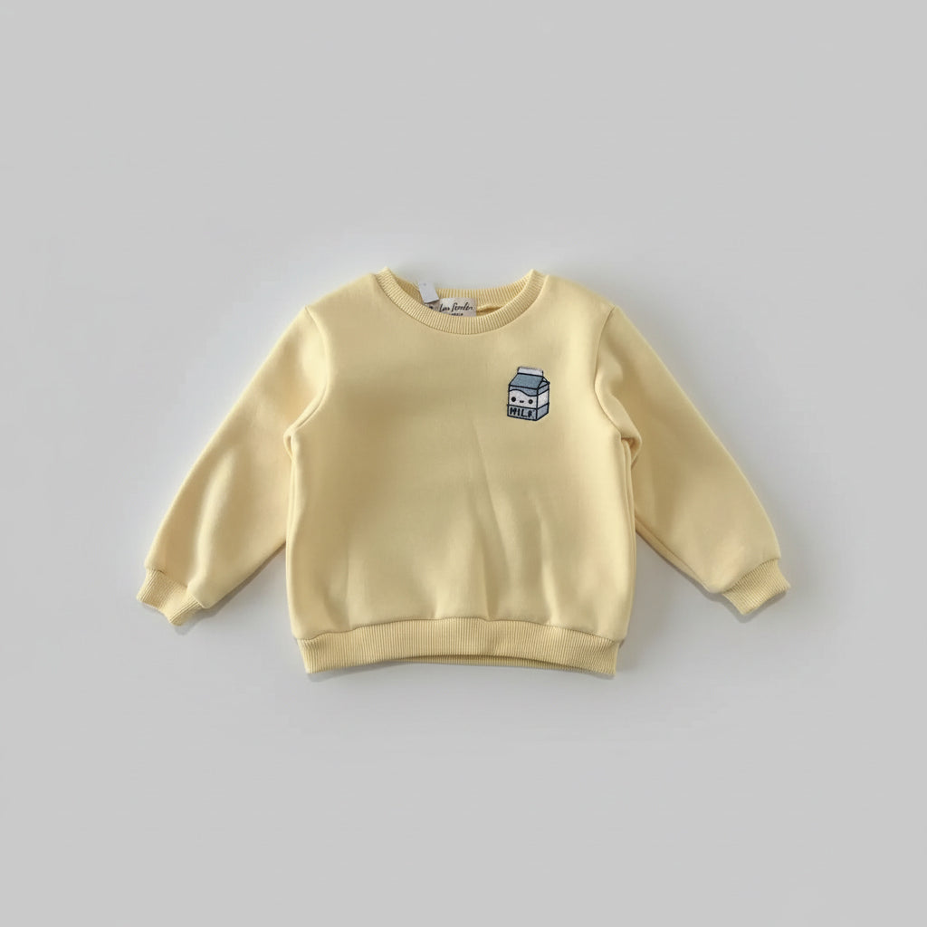 Sweat bébé jaune pâle molletonné broderie brique de lait - Fait main en France modèle Arthur