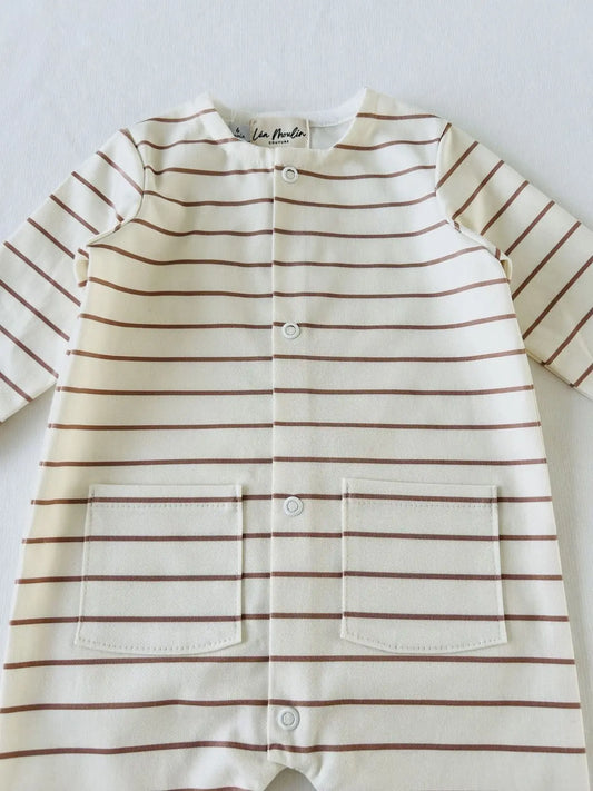 Combinaison bébé garçon rayée camel et écru modèle Gianni - Fait main France.