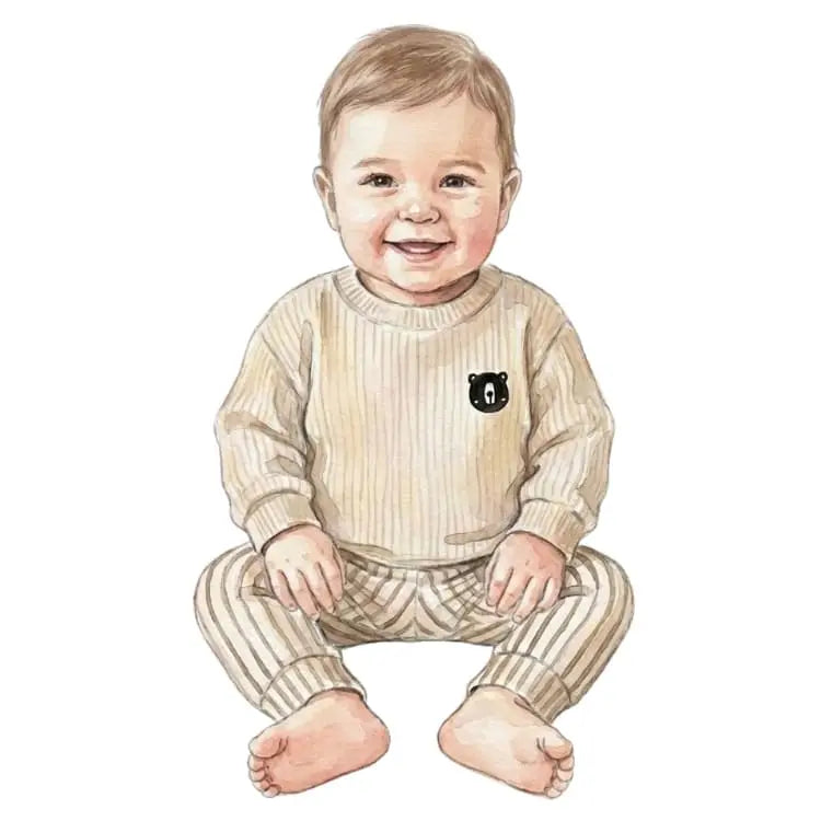 Collection de vêtements bébé garçon artisanaux : sarouels, gilets et tenues confortables fabriqués en Occitanie.