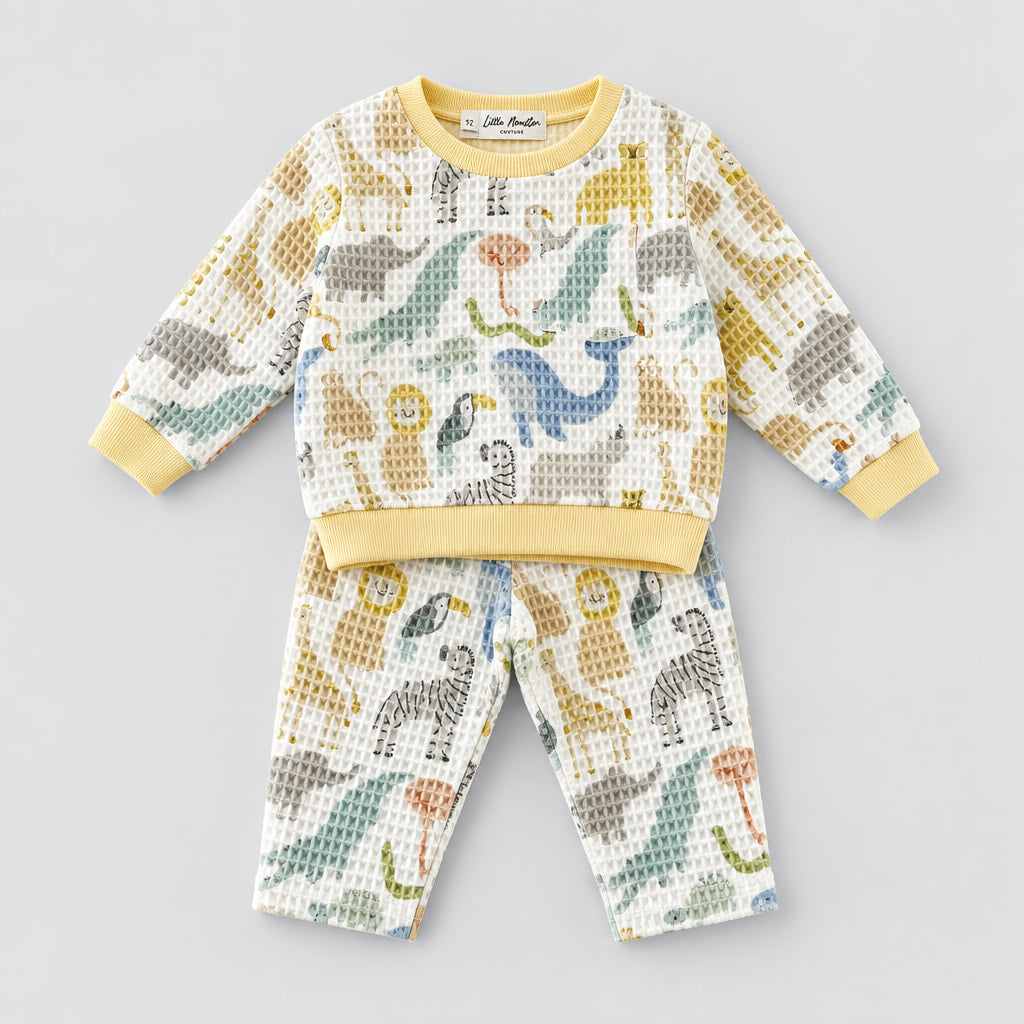 Ensemble bébé sweat et pantalon en coton gaufré blanc à motifs d'animaux de la savane, bords-côtes jaune pâle