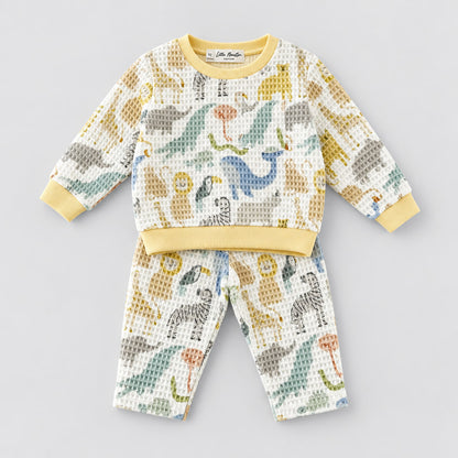 Ensemble bébé sweat et pantalon en coton gaufré blanc à motifs d'animaux de la savane, bords-côtes jaune pâle