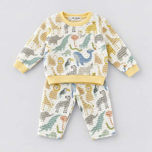 Ensemble bébé sweat et pantalon en coton gaufré blanc à motifs d'animaux de la savane, bords-côtes jaune pâle