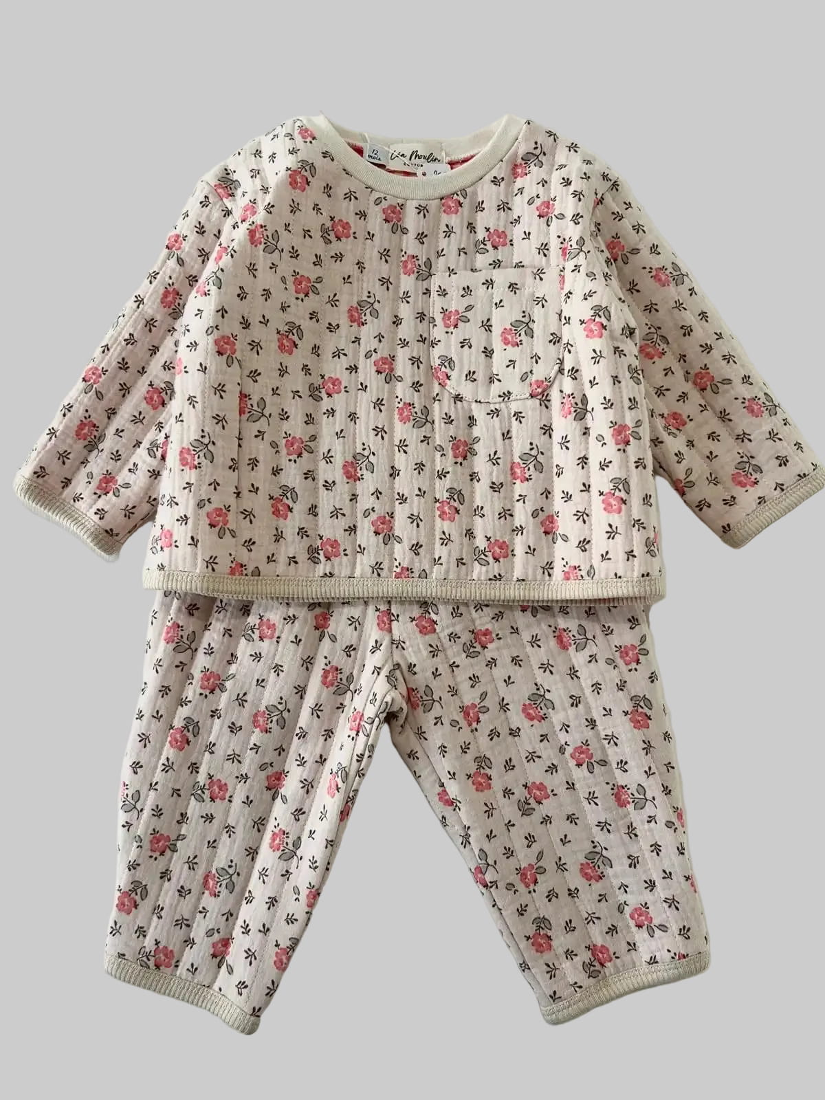 Ensemble bébé fille Colombe deux pièces en coton matelassé fleuri rose, sweat et pantalon assortis