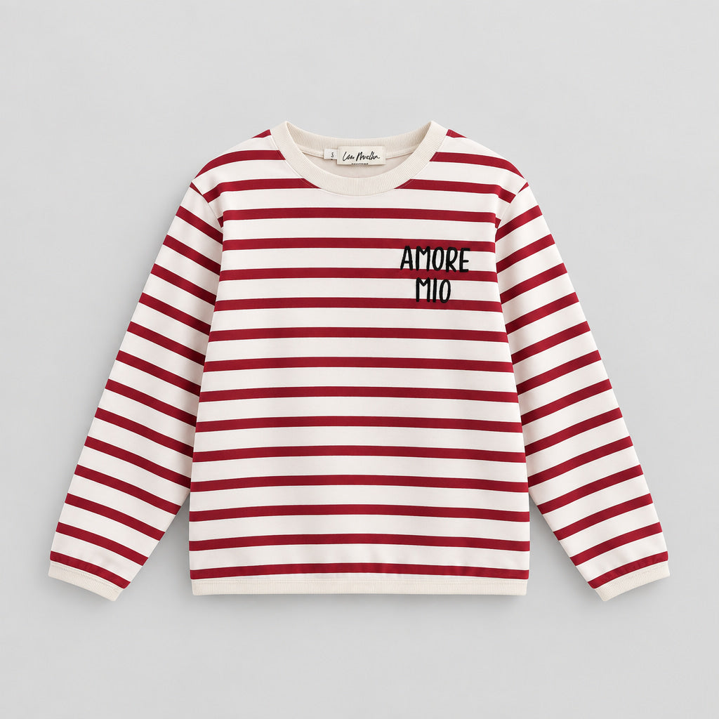 Sweat rayé rouge et blanc brodé Amore Mio, bords-côtes écrus, vue de face