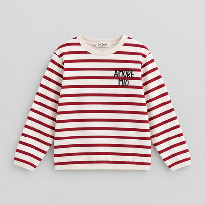 Sweat rayé rouge et blanc brodé Amore Mio, bords-côtes écrus, vue de face