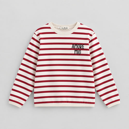 Sweat rayé rouge et blanc brodé Amore Mio, bords-côtes écrus, vue de face