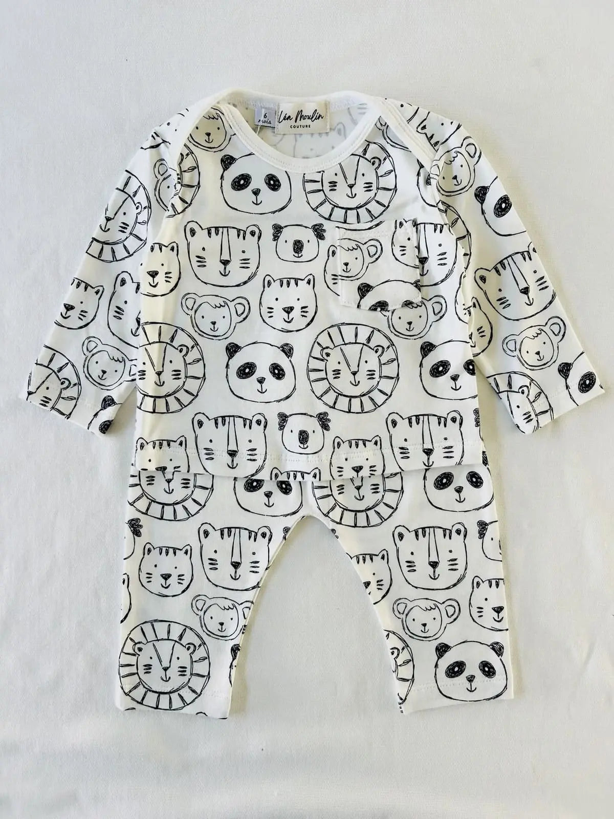 Ensemble bébé jersey imprimé animaux noir et blanc - Fait main en France modèle Noé.