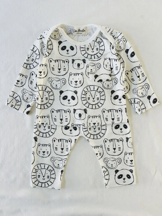 Ensemble bébé jersey imprimé animaux noir et blanc - Fait main en France modèle Noé.