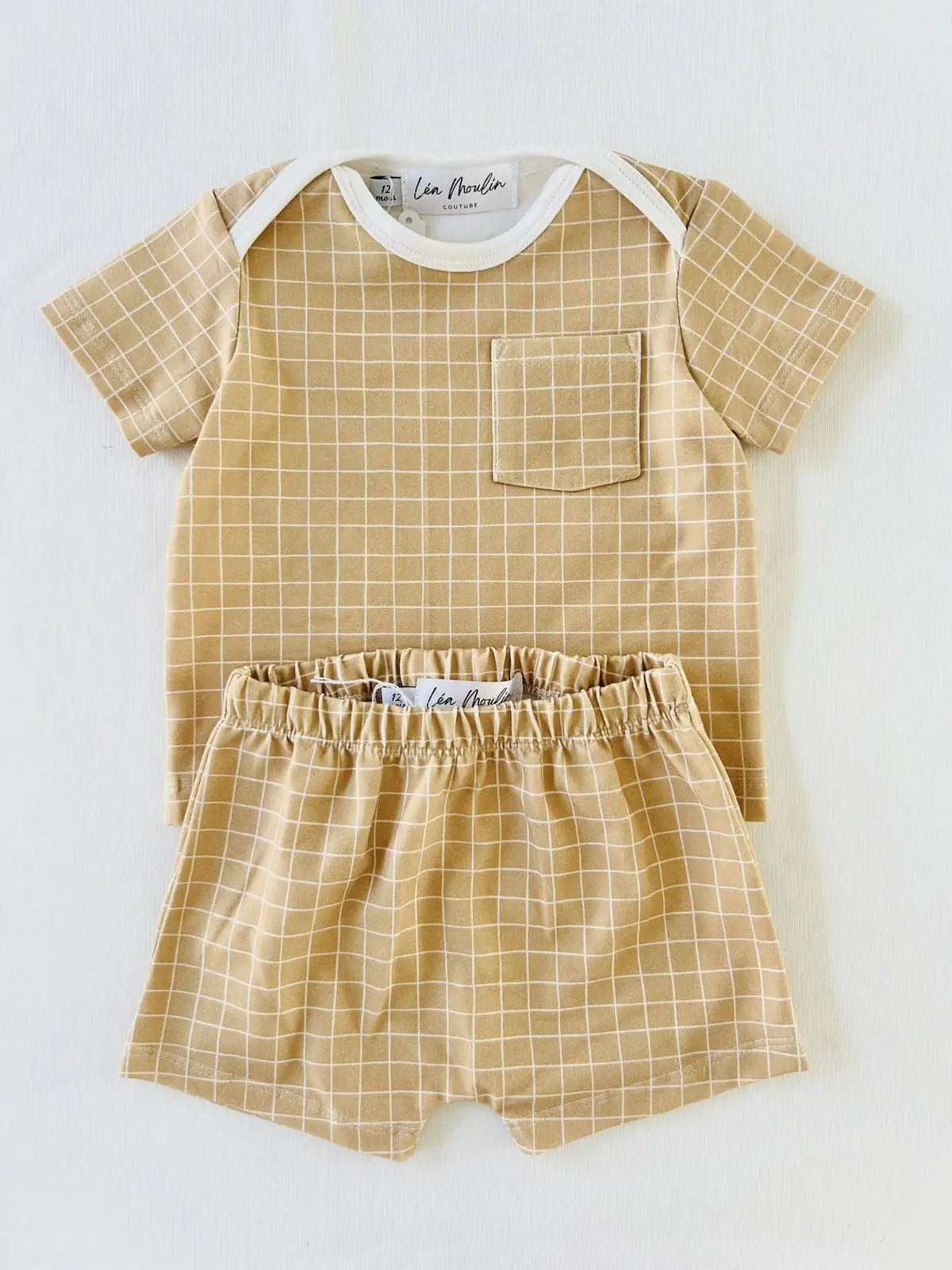 Ensemble bébé été en jersey beige modèle Paul - Fait main en France.