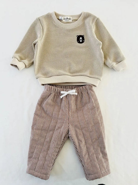 Ensemble bébé hiver Lino : pull maille beige et pantalon matelassé cacao - Fait main en France