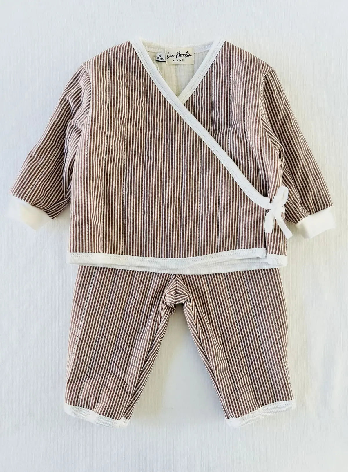 Ensemble bébé cache-cœur matelassé rayé cacao - Fait main en France modèle Auguste