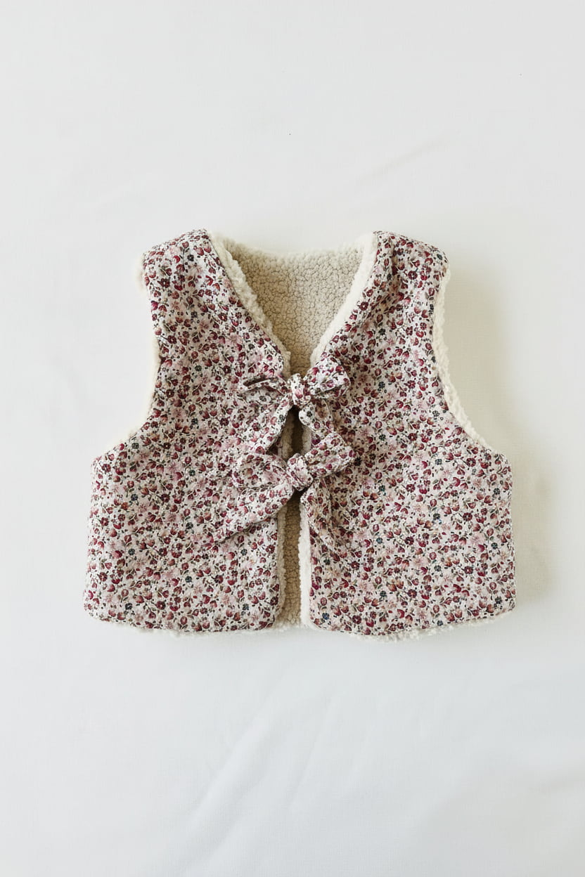 Gilet bébé fille réversible en sherpa et gaze de coton fleurie rose, vu de face avec fermeture à nœuds