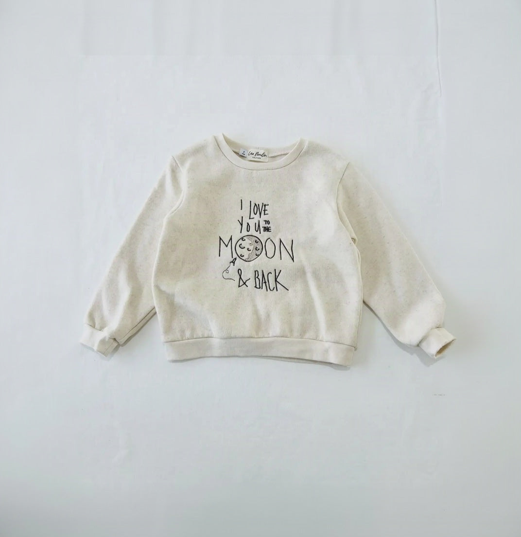 Sweat bébé coton lin chiné naturel brodé I love you to the moon and back, vue de face