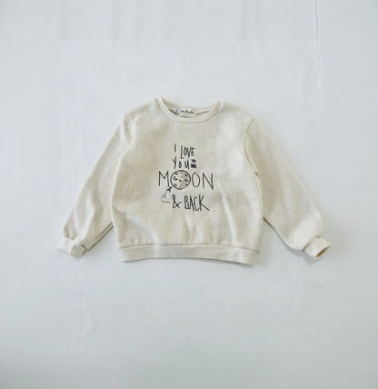 Sweat bébé coton lin chiné naturel brodé I love you to the moon and back, vue de face
