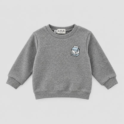 Sweat bébé gris chiné à col rond avec broderie brique de lait, vue de face