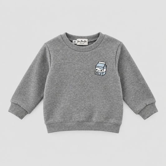 Sweat bébé gris chiné à col rond avec broderie brique de lait, vue de face
