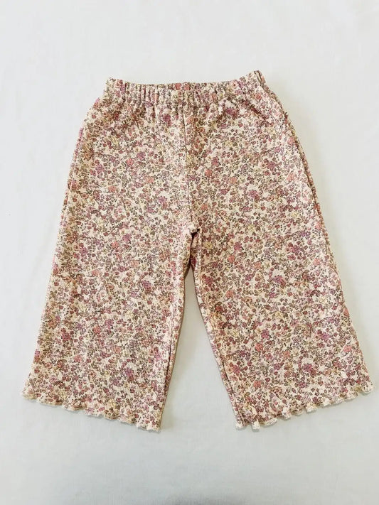 Pantalon large gaufré fleuri rose pour bébé fille, taille élastique, marque Léa Moulin Couture