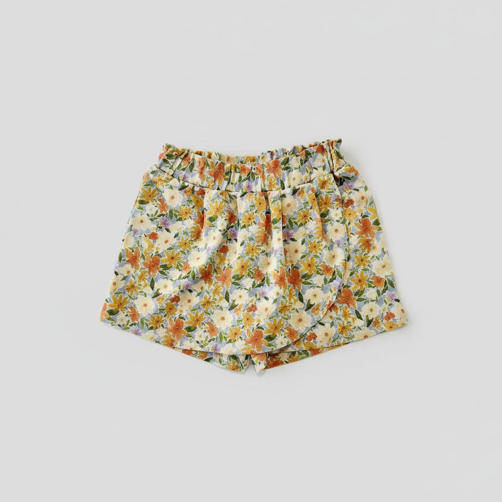 Jupe-culotte bébé fille Agathe en viscose et lin fleuri, vue de face, coupe portefeuille et taille élastique