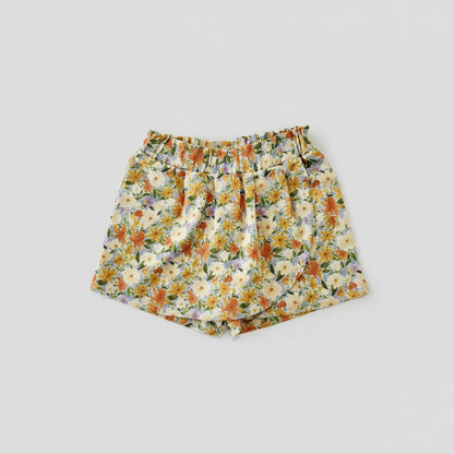 Jupe-culotte bébé fille Agathe en viscose et lin fleuri, vue de face, coupe portefeuille et taille élastique