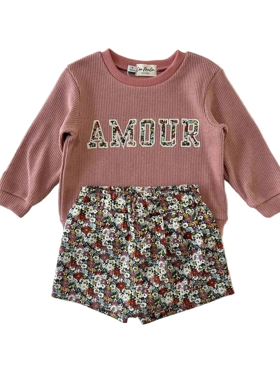 Ensemble bébé fille Nina : pull Amour vieux rose en maille côtelée et jupe-culotte en liberty fleuri marine