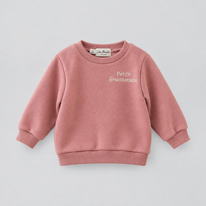 Sweat bébé fille vieux rose brodé Petite Gruissanaise, manches longues en coton doux - Léa Moulin Couture