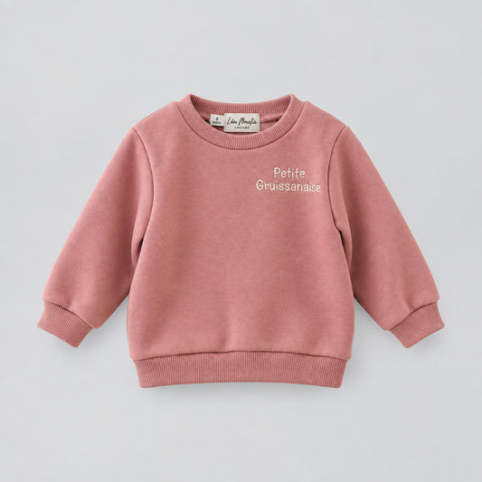 Sweat bébé fille vieux rose brodé Petite Gruissanaise, manches longues en coton doux - Léa Moulin Couture