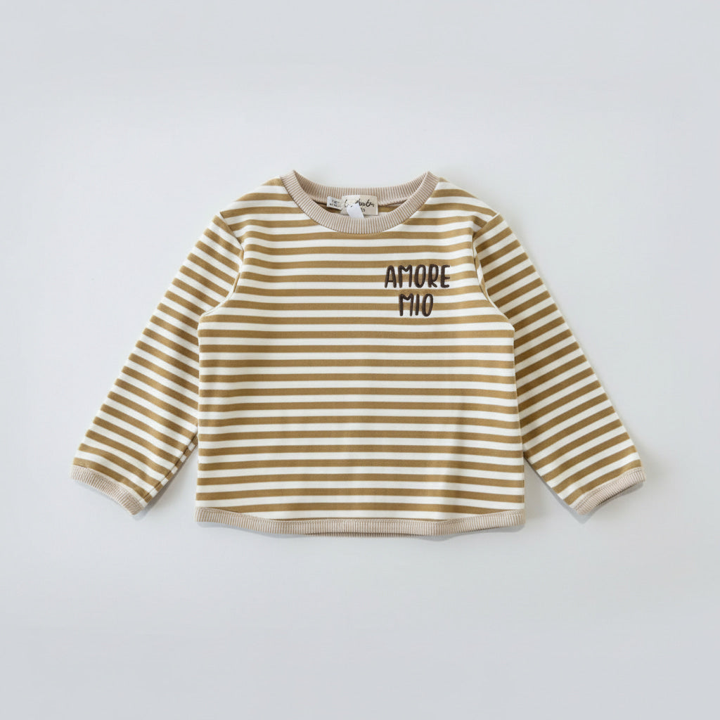 Sweat bébé mixte rayé jaune moutarde en coton gratté, brodé Amore Mio, Léa Moulin Couture