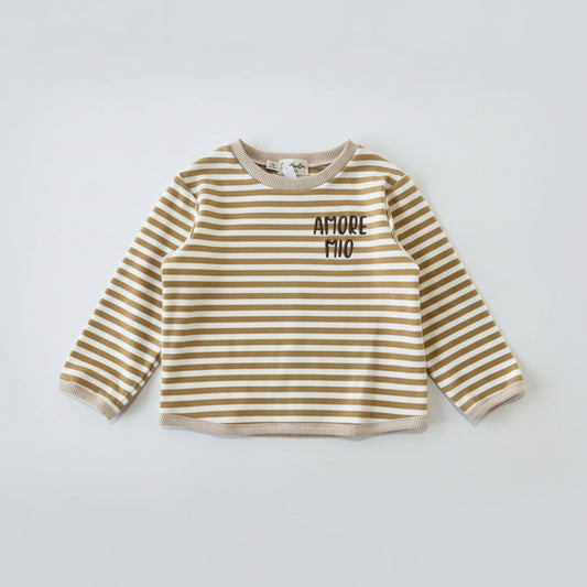 Sweat bébé mixte rayé jaune moutarde en coton gratté, brodé Amore Mio, Léa Moulin Couture
