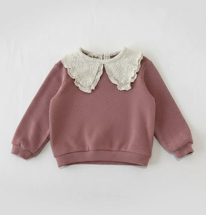 Pull bébé fille en maille côtelée vieux rose avec large col brodé fleuri, vêtement fait main pour bébé