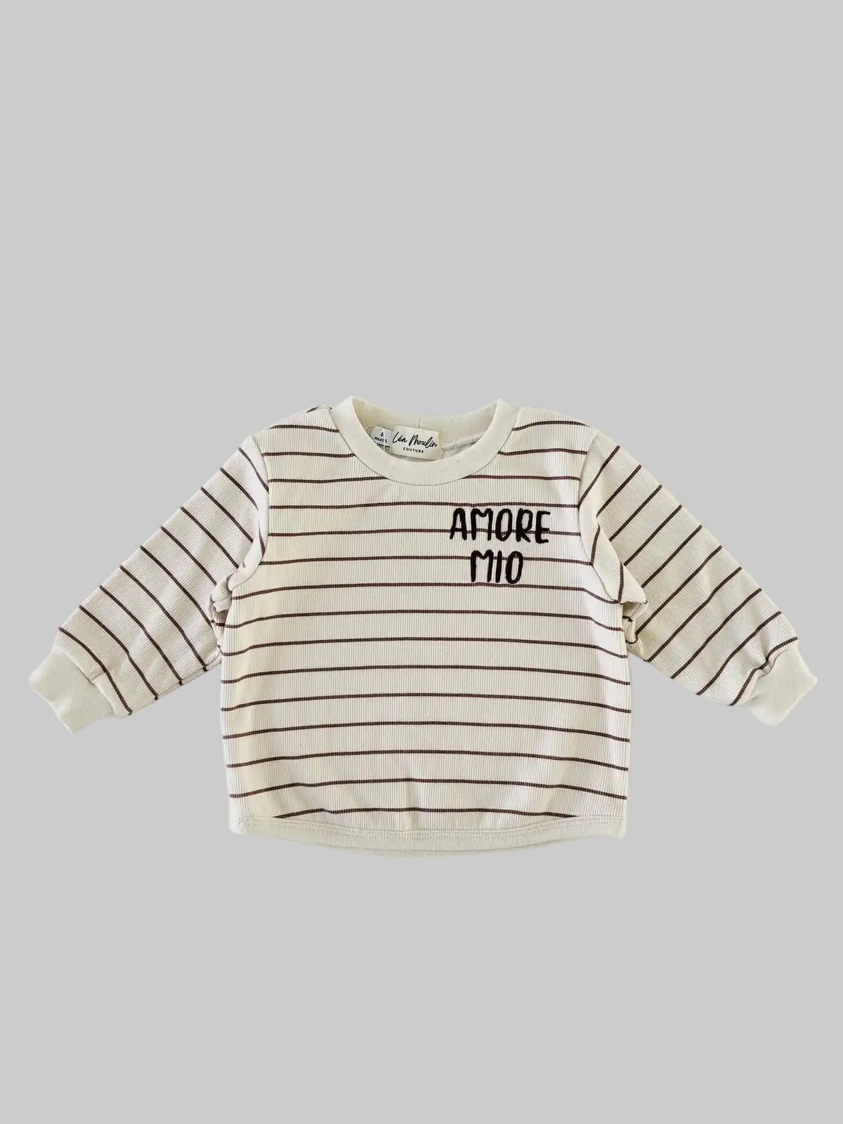Sweat bébé rayé beige écru brodé Amore Mio, manches longues en jersey de coton doux - Léa Moulin Couture