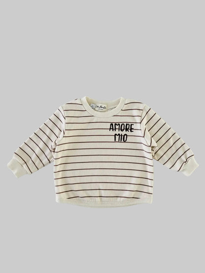 Sweat bébé rayé beige écru brodé Amore Mio, manches longues en jersey de coton doux - Léa Moulin Couture