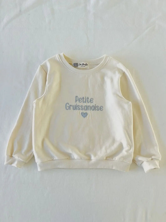 Sweat fille couleur naturelle broderie bleue - Fait main en France modèle Petite Gruissanaise