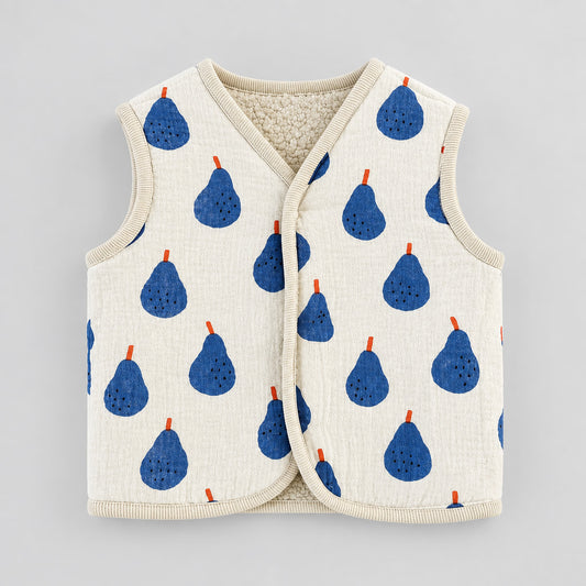 Gilet sans manches en gaze de coton écrue à poires bleues et queues orange, bordure beige, côté poires