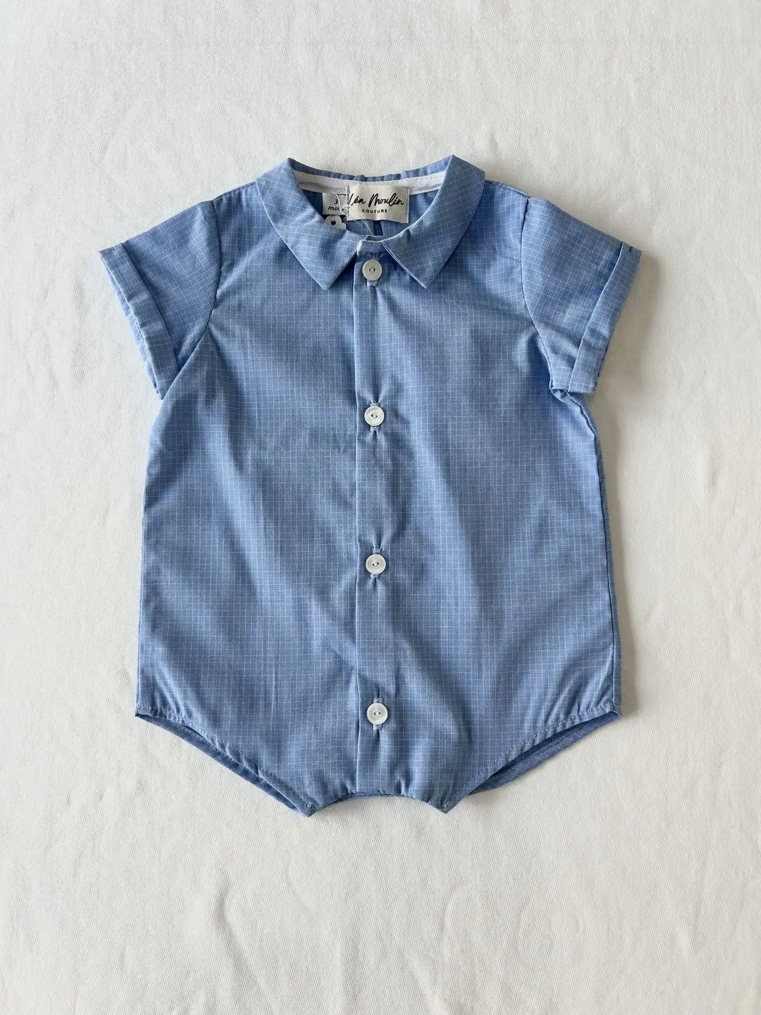 Vêtement bébé mixte fait main France : Barboteuse modèle Célestin en popeline de coton.