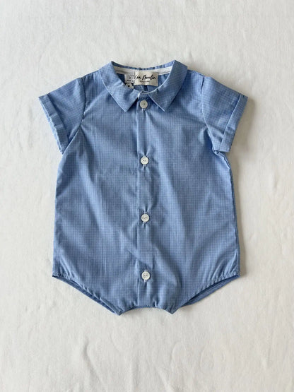 Vêtement bébé mixte fait main France : Barboteuse modèle Célestin en popeline de coton.